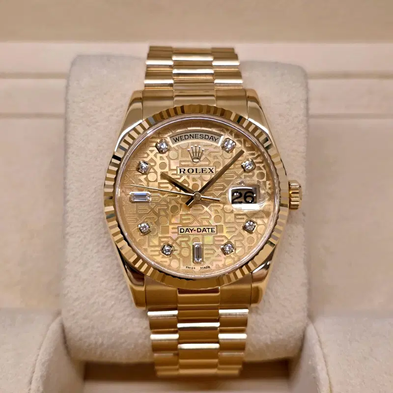 롤렉스 데이데이트 36mm 옐로 골드 18k 금통 118238 바게트 다이아몬드