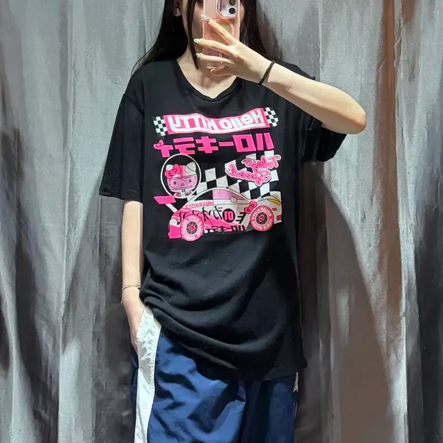 L 헬로키티 레이싱 프린팅 블랙 반팔