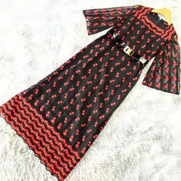 쇼와 레트로 꽃무늬 자수 롱 원피스 벨트 포함