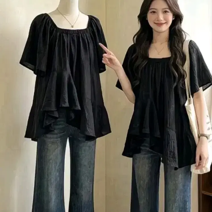 블랙 스퀘어넥 프릴 블라우스 에이블리 시스루블라우스 프릴블라우스