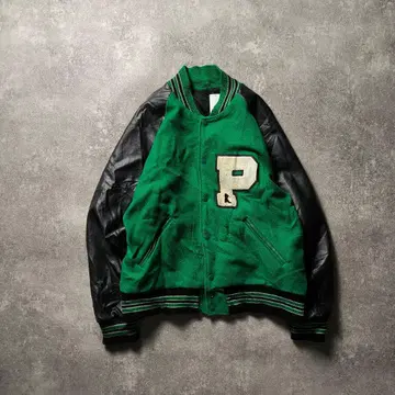 VINTAGE 90s USA제 울 가죽 바시티 자켓 그린 L