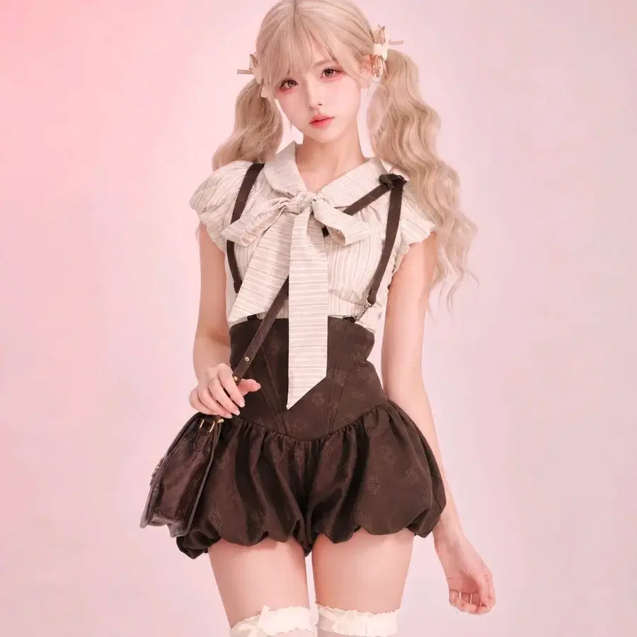 [투피스] 리본블라우스 멜빵치마 하이틴룩 라떼갸루 갸루 y2k 코디세트 히메갸루 수입의류 핀터깔 브라운 멜빵스커트 퍼프 크롭블라우스