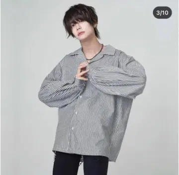 ADRER 돌먼 슬리브 오픈 카라 셔츠/L/코튼/스트라이프/