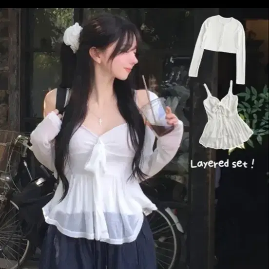 여리핏 리본 프릴 셔링 나시 시스루 크롭 가디건 세트