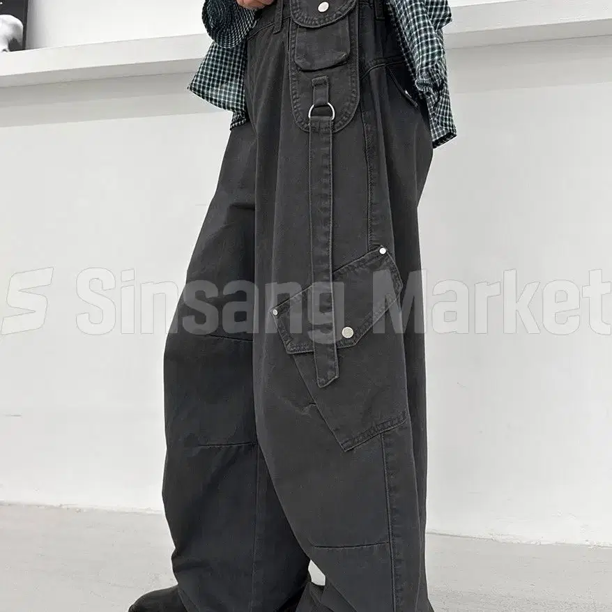 [빠른발송] 알펜 카고 오버 팬츠 와이드 데님 밴딩 포켓 루즈 캐주얼 가