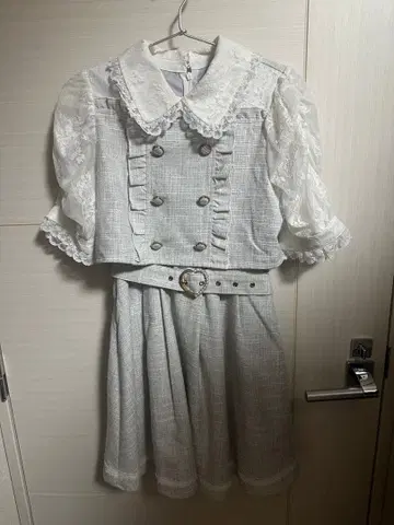 트위드풍 레이스 옷깃 반팔 미니 원피스 셋업 스타일
