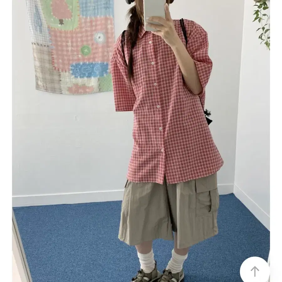 러브앤드팝 웨이 시어서커 체크 박시핏 셔츠 (버건디)
