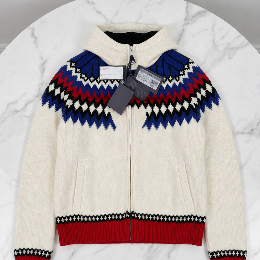 [정품]프라다 22FW 삼각로고 캐시미어 울 노르딕 니트 다운 후드 패딩 화이트 M 풀구성