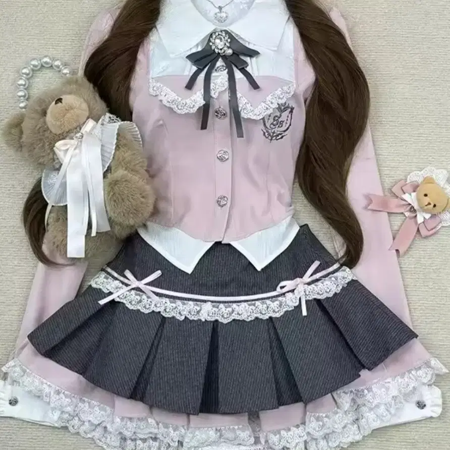 로리타 양지뢰 서브컬쳐 히메 갸루 핑크 그레이 체크 교복 멘헤라 양산형 지뢰계 투피스 세트 새상품