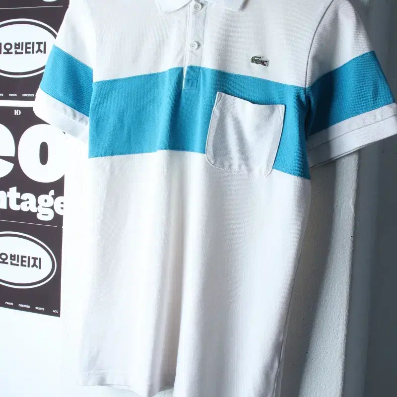 (S) 라코스테 반팔 카라 티셔츠 포켓 배색 화이트 올드스쿨-H38126