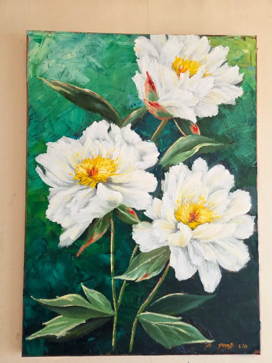 유화 그림 백작약 3송이
