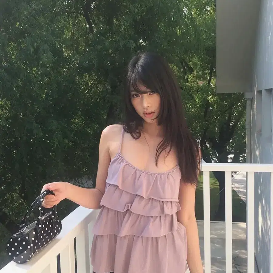 익스파이어드걸 언발란스 프릴 카미 애쉬라일락&도트프릴쇼츠블랙팬츠 set