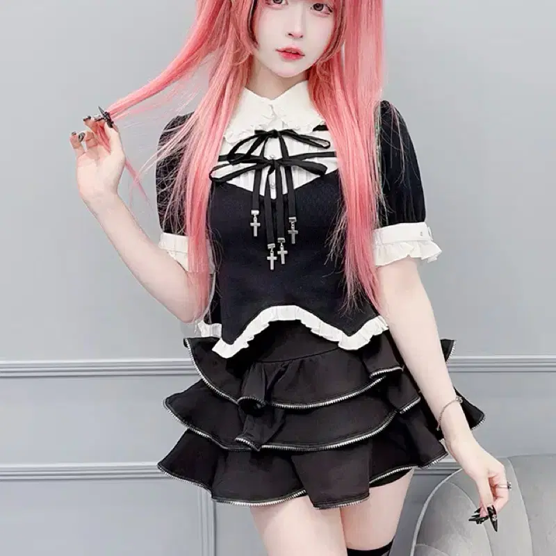 마즈 지퍼 프릴 미니 스커트 스카판 블랙 지뢰계 양지뢰 ma*rs