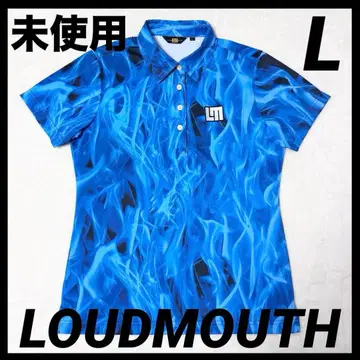 [ 미사용 ] LOUDMOUTH 올 패턴 반팔 피케 셔츠 불꽃 패턴 블루 프레임 L