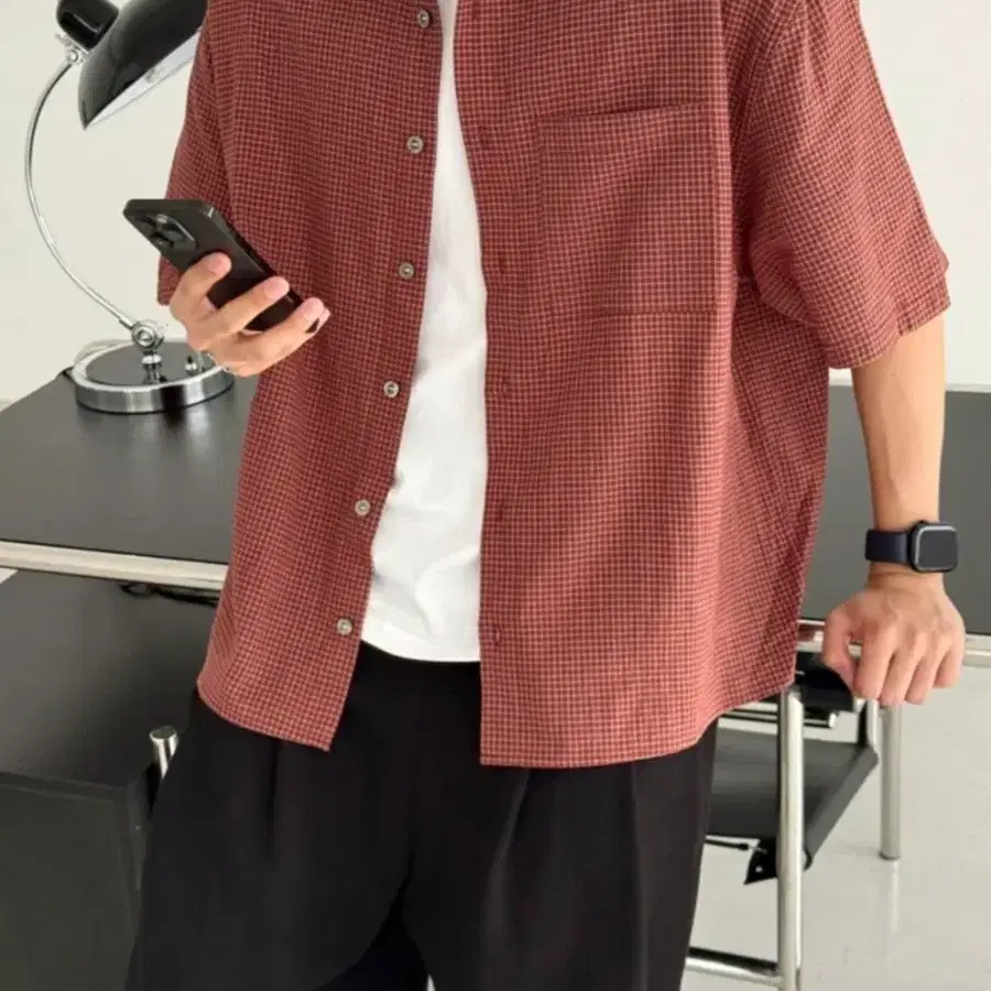 남자 크롭 체크 반팔 셔츠