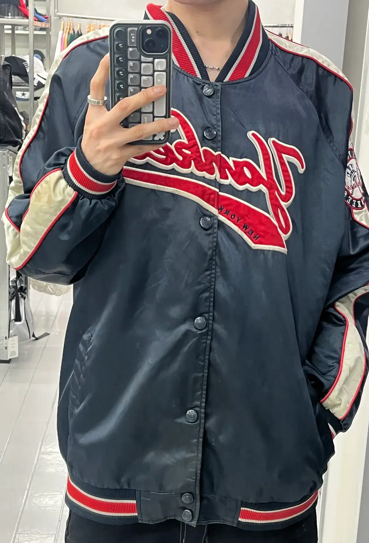 (2XL) MLB 뉴욕 양키스 올드스쿨 사틴 바시티 자켓 네이비