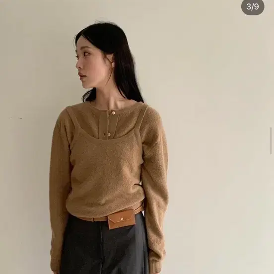 어라운드율 리프 울 부클 가디건 세트 브라운
