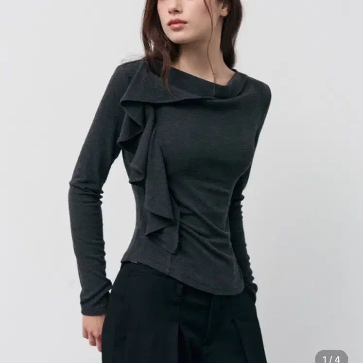 [새]바시카 언발 러플 드레이프 니트 탑 차콜