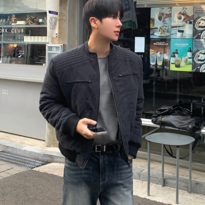 L / 블랙 ) 어깨 넓어보이는 바이커 봄버 패딩 자켓