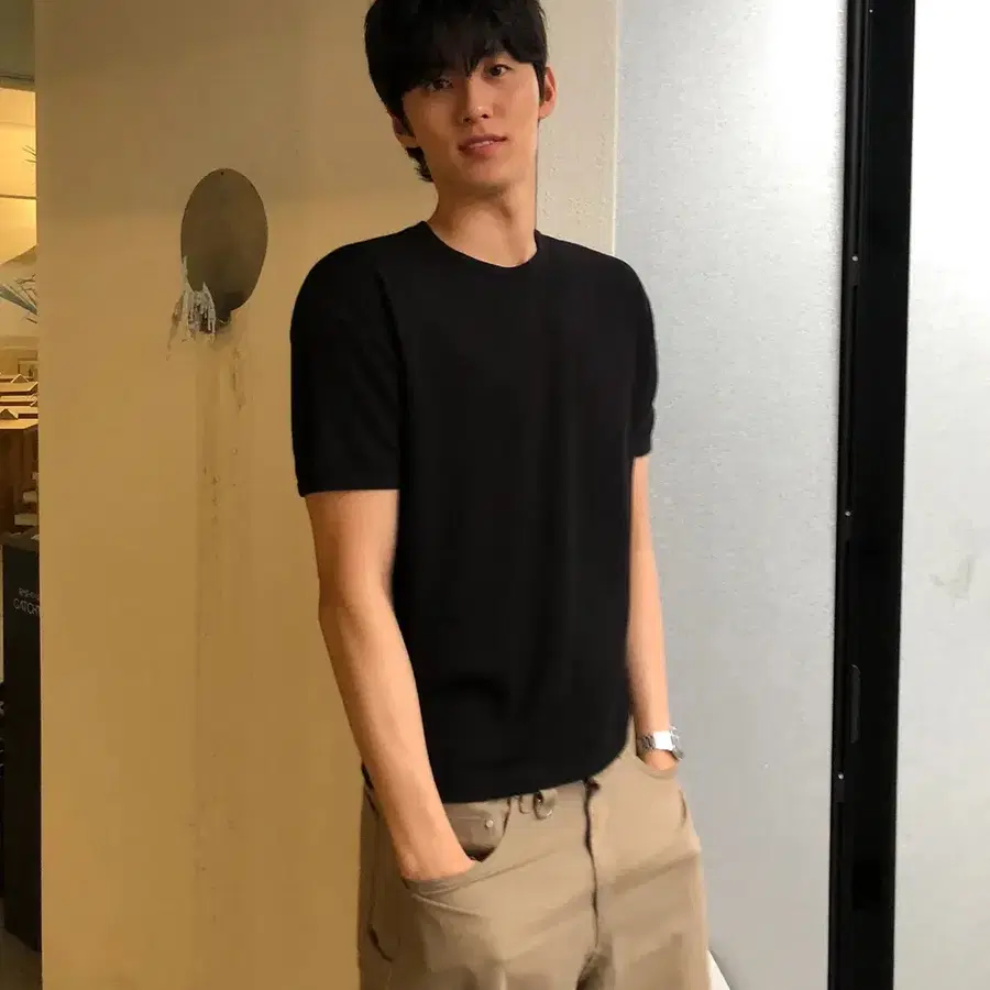 크롭 골지 반팔 티셔츠