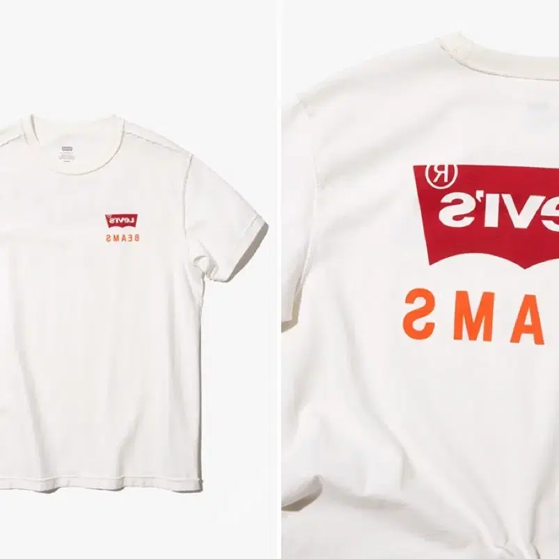 미듐) beams levis 빔즈 리바이스 콜라보 리버스 인사이드아웃 반팔 티셔츠 화이트