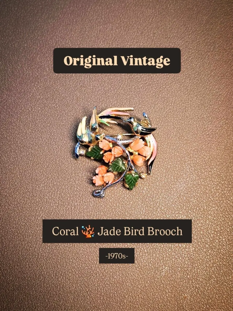 ORIGINAL VINTAGE Coral & Jade Bird Brooch