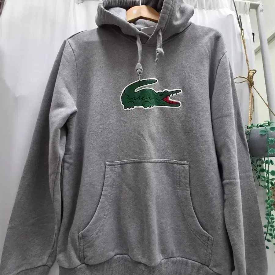 라코스테 빅 악어 로고 후드티 그레이