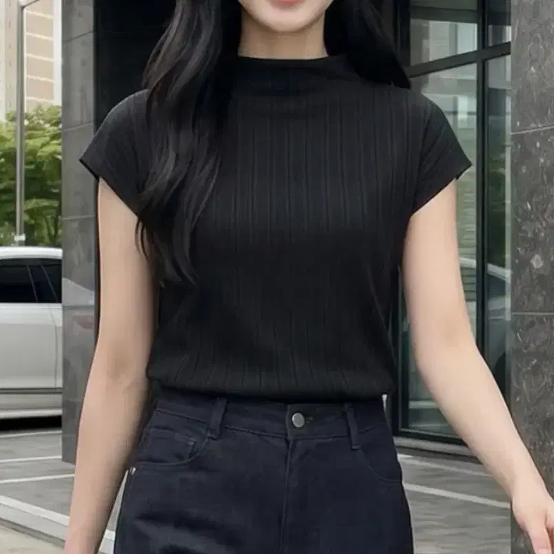 블랙 반팔 골지 폴라티