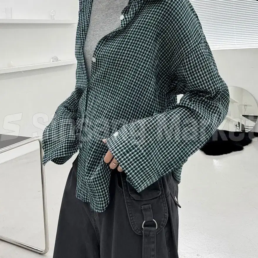 [빠른발송] 셀러 체크 셔츠 루즈핏 레이어드 언발 주름 간절기 배색 가을