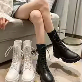 여성 레이스업 통굽 미들 워커부츠