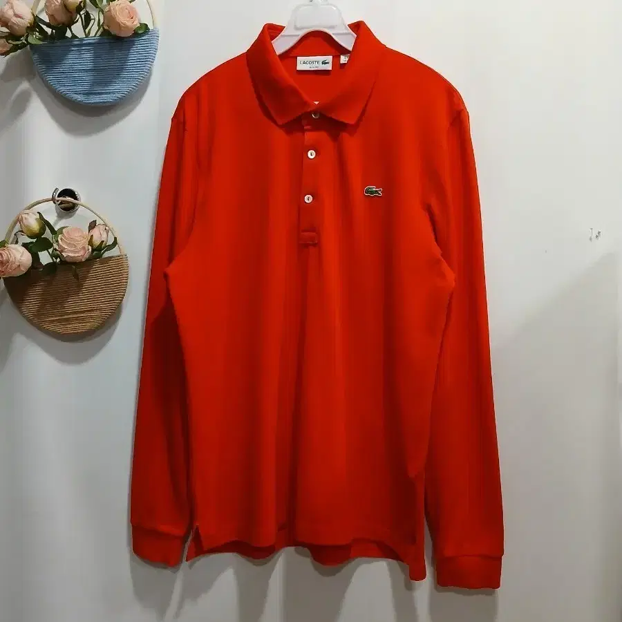 라코스테. 슬림핏 긴팔 카라티 오렌지 US L