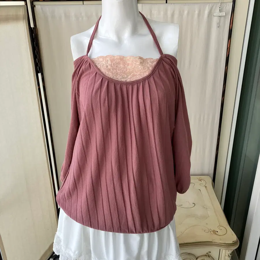 pink lace off shoulder halter blouse
