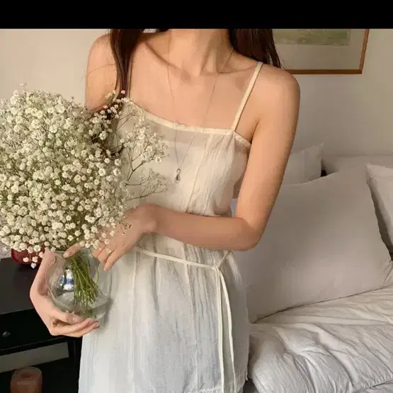 쉬폰 끈나시 원피스 레이어드 뷔스티에