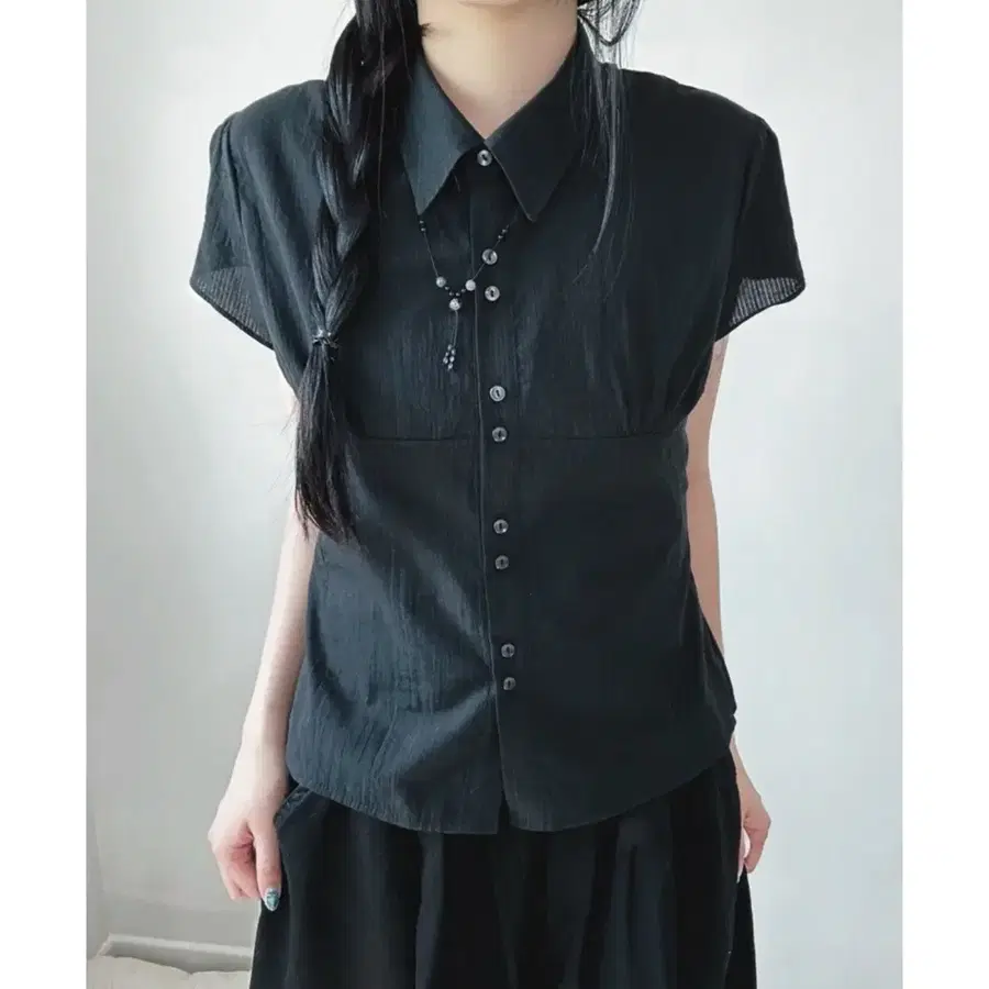 로몬 유데모닉 코튼 반팔 셔츠 블랙 블라우스 오비