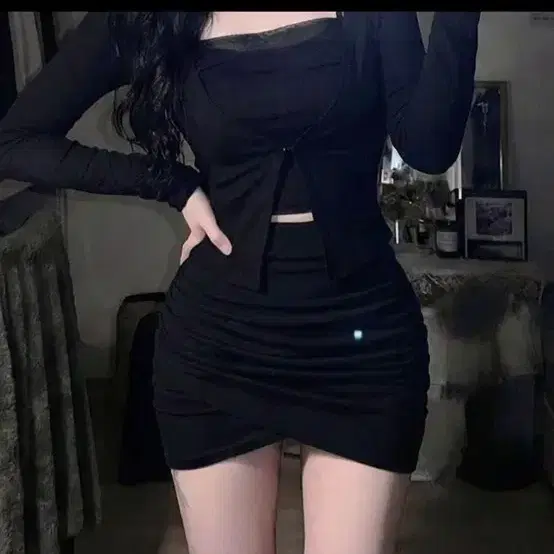 블랙 셔링 랩 스커트