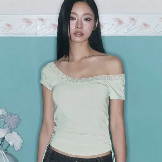플리즈노팔로우 Maya Lace Shirring Short Top (Mint)