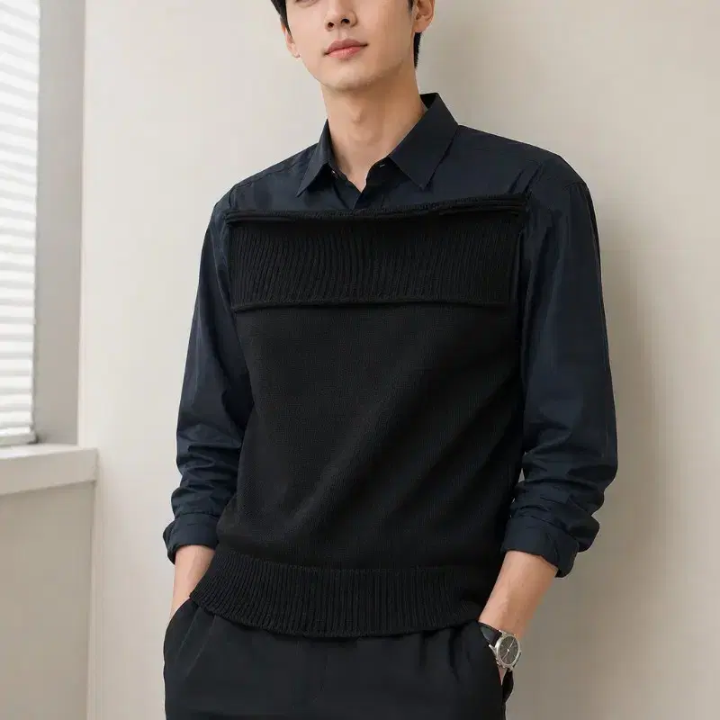 준지 면스판 앞판니트배색 셔츠티 택48
