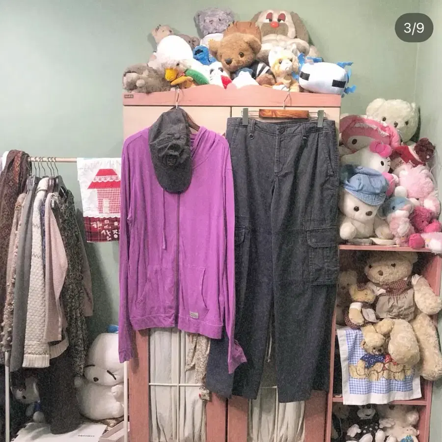 카모메산장 빈티지 코디 세트 미국 모리 y2k 보라색 후드 집업 카고 바지