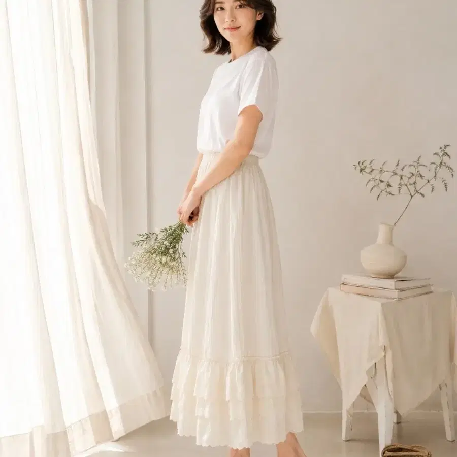 화이트 프릴 롱 스커트