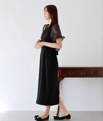 BLUEEAST 벌룬 슬리브 자카드 원피스 L 블랙
