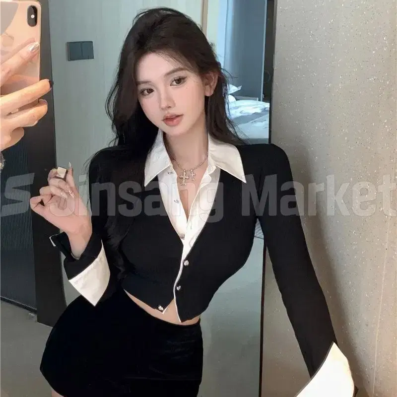 [빠른발송] 포베 셔츠레이어드 슬림핏 크롭 골지 긴팔티 페미닌 심플 모던