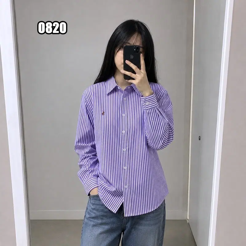 S 폴로 랄프로렌 퍼플 스트라이프 코튼 셔츠