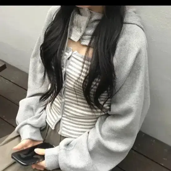 그레이 와플 후드 가디건 볼레로