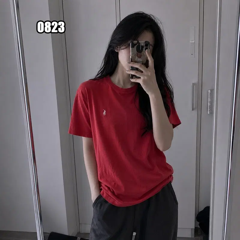 L 폴로 랄프로렌 레드 와플 반팔 티셔츠