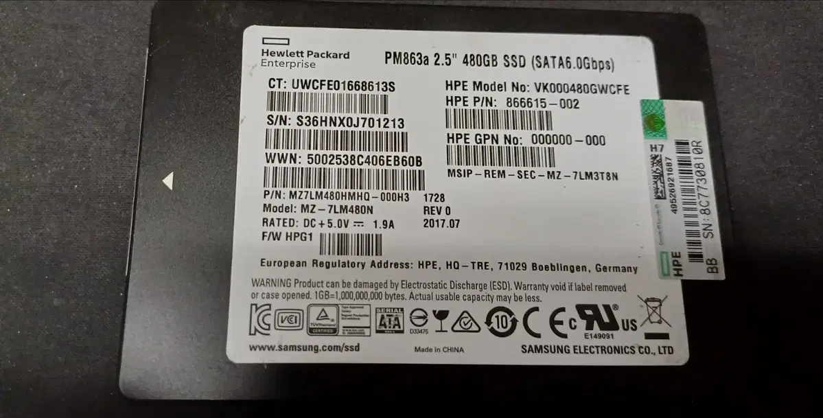 중고 HP Enterprise PM863a 480GB SSD-삼성om