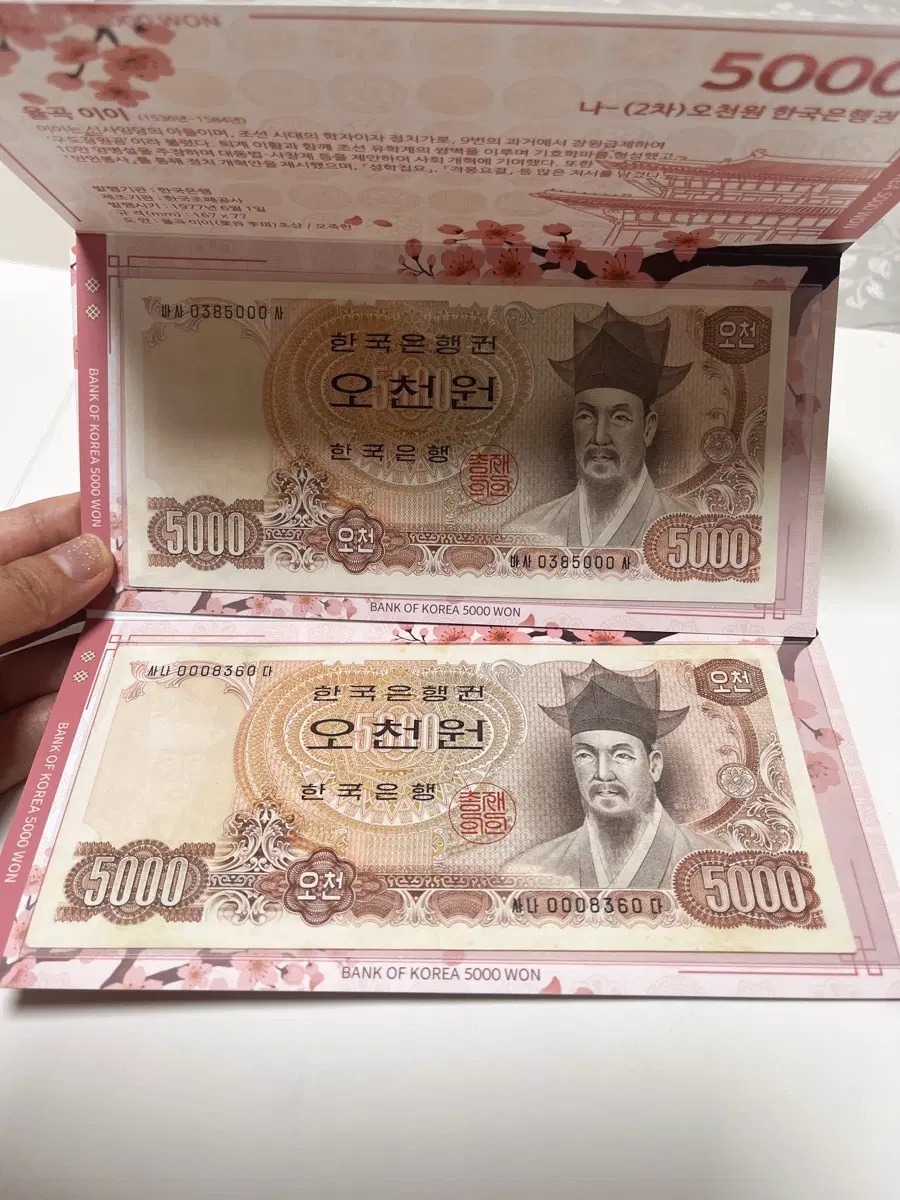 한국은행 율곡 이 2차 오천원 구권 2장 미사용 지폐 수집용 고급 케이스 포함