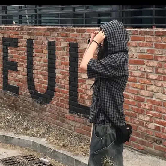 빈티지 체크 패턴 후드 반팔 셔츠