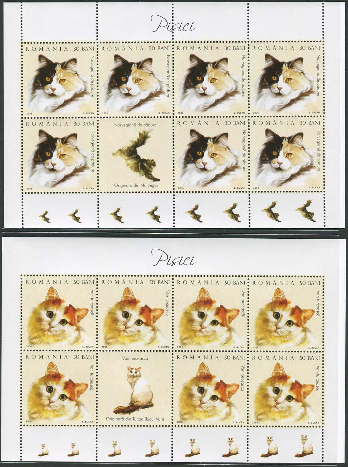 [BKstamp외국우표]루마니아 고양이 시트 6종완(2006년)