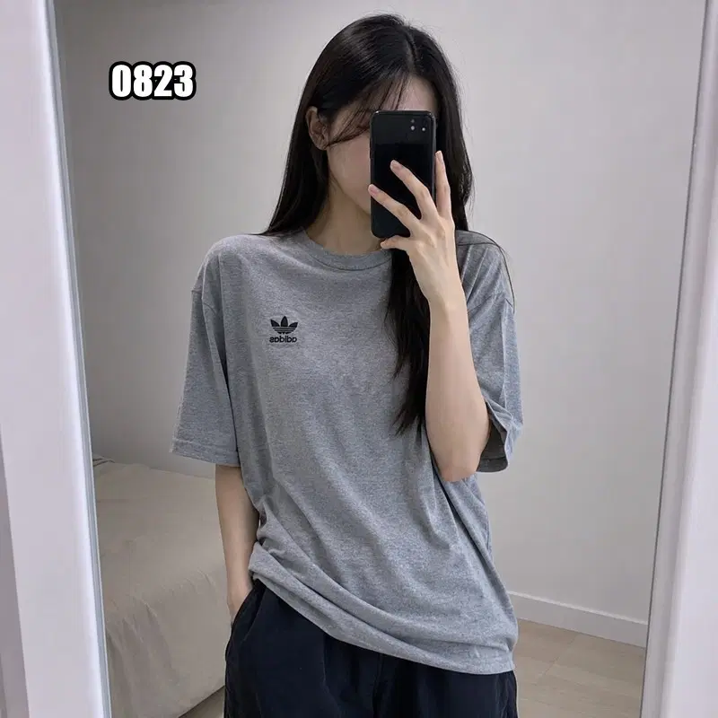 L 아디다스 오리지널스 트레포일 에센셜 티셔츠 미디움 그레이 헤더