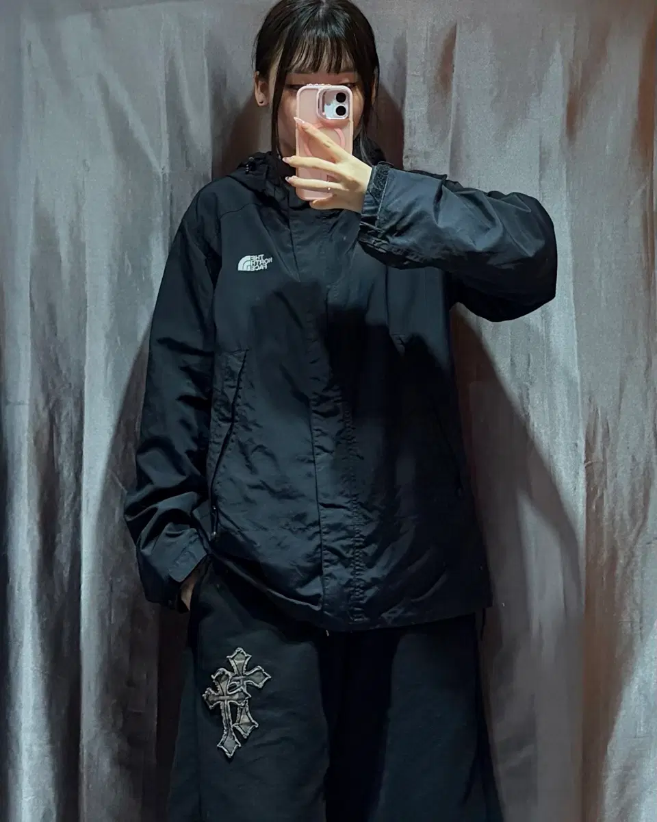 S 노스페이스 블랙 나일론 후드 바람막이